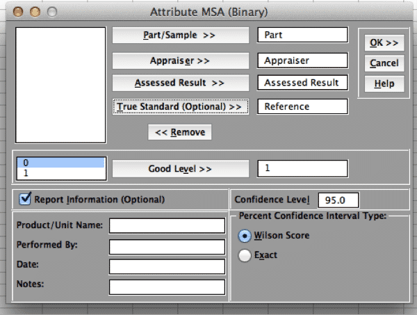 MSADiscrete-GageR&R-SigmaXL-Settings