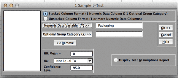 OneSampleT-SigmaXL-Settings